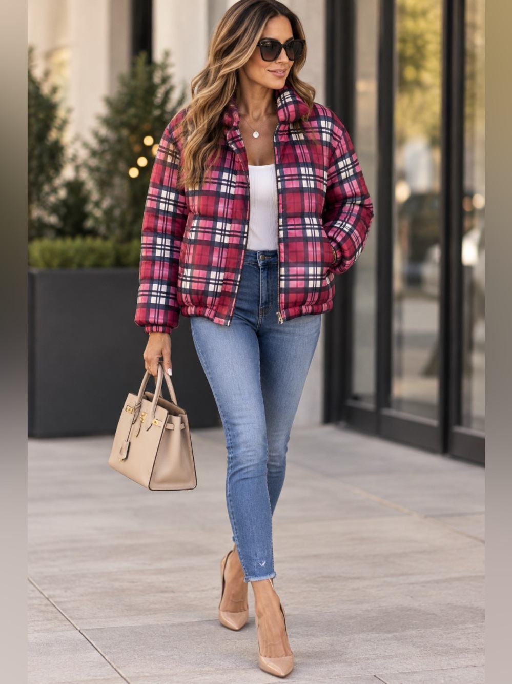 LL Bean Reversible Plaid Puffer Jacket Sz L